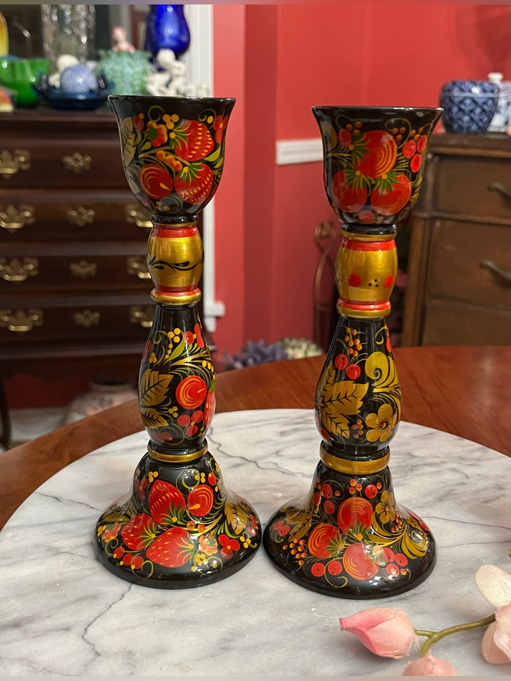 Vintage Russian Khokhloma Pair of Wooden Candlesticks Hand Painted Folk Art 2000